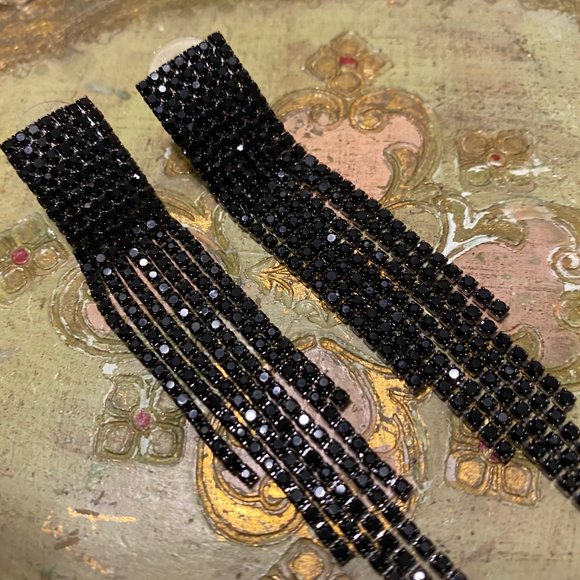 BLACK RHINESTONE CRYSTAL DANGLE 80S 90S - Picture 12 of 13